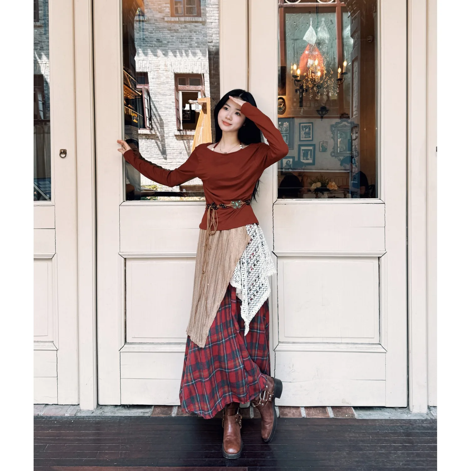 

Women's Half-length Plaid Skirt And One-Shoulder T-shirt Set Spring Fashion Three-piece Set Versatile Four-season Collection