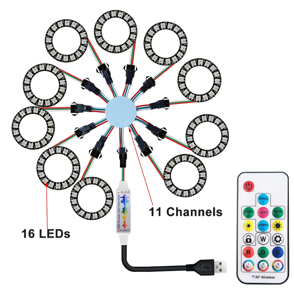 

Светодиодный блестящий кольцевой светильник, круглый модуль WS2812, атмосферная лампа RGB с индивидуальной адресацией и пультом дистанционного управления с 17-клавишной синхронизацией музыки