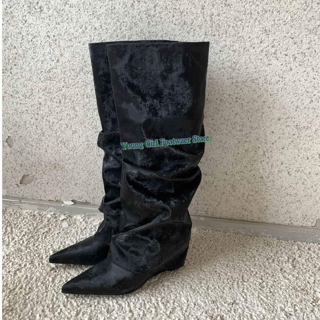 

New Models Pointed Mid-calf Boots Black Wedge Heels Trouser Boots Wrinkles Boots Pull-on Stacked Boots Knee-High Boots