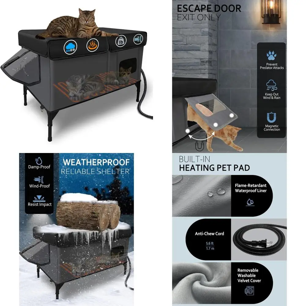 

Большой изолированный кошачий домик на открытом воздухе, водонепроницаемое прикрытие с регулируемым тентом, спасательная дверь для ферламных кошек, черный/серый