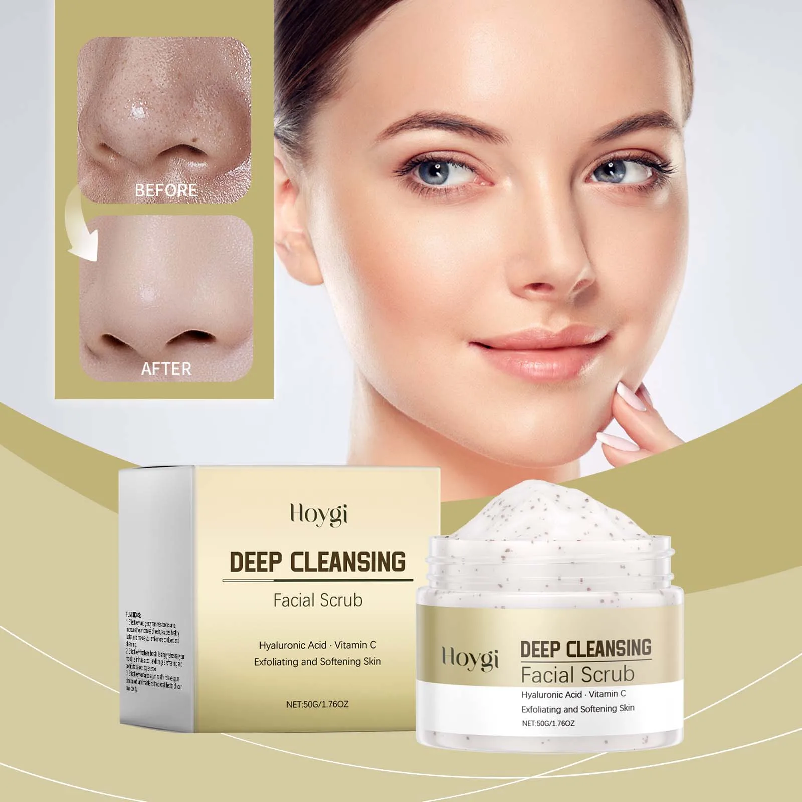 Gommage pour le visage nettoyant en profondeur avec acide hyaluronique et vitamine C - Gommage exfoliant pour peaux lisses, raffinage des pores