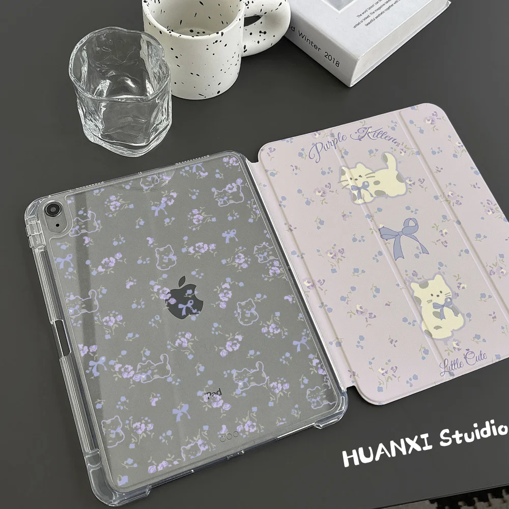 غطاء حماية قابل للفصل لجهاز آيباد مع مسار انزلاقي، تصميم زهور بنفسجية مع قطة، متوافق مع آيباد برو 3 إصدار 2025، مضاد للانحنا...