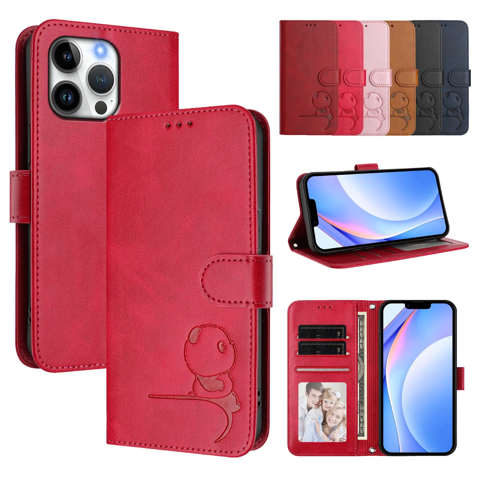 Capa Flip de Couro com Bloqueio RFID e Design de Panda Fofo para BLU Bold K10 G53 G64 G54 Bold K50 C9 View 5 Pro Speed, Carteira com Cordão e Capa para 3 Cartões