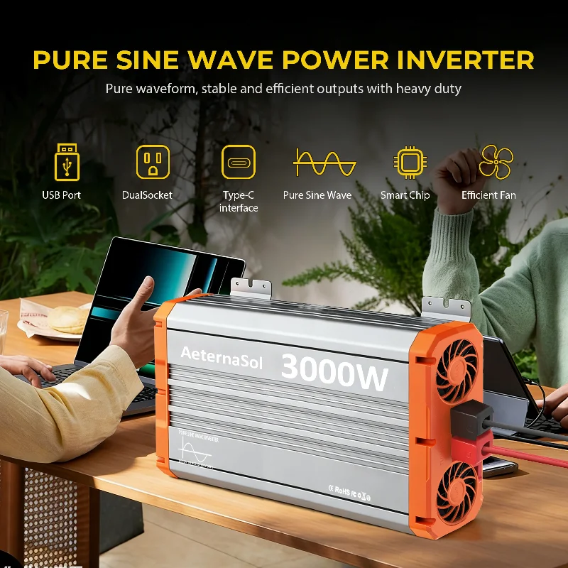 

(US Stock 2-5 Days) AeternaSol 2000W Pure Sine Wave Inverter 12V DC to 110V 120V AC Solar Power System Battery Converter 4000W Peak Surge Off Grid Cabin RV Camper Solar Panel Kit Charge Controller Compatible IP65 Waterproof Inverter LCD Remote
