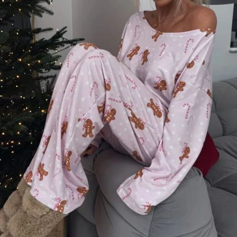 Women New Year Set Snowflake 2025 Pajamas Christmas Long Sleeve Tops&Pant 2Pcs Sleepwear Winter Fashion Pattern Print Loose Suit