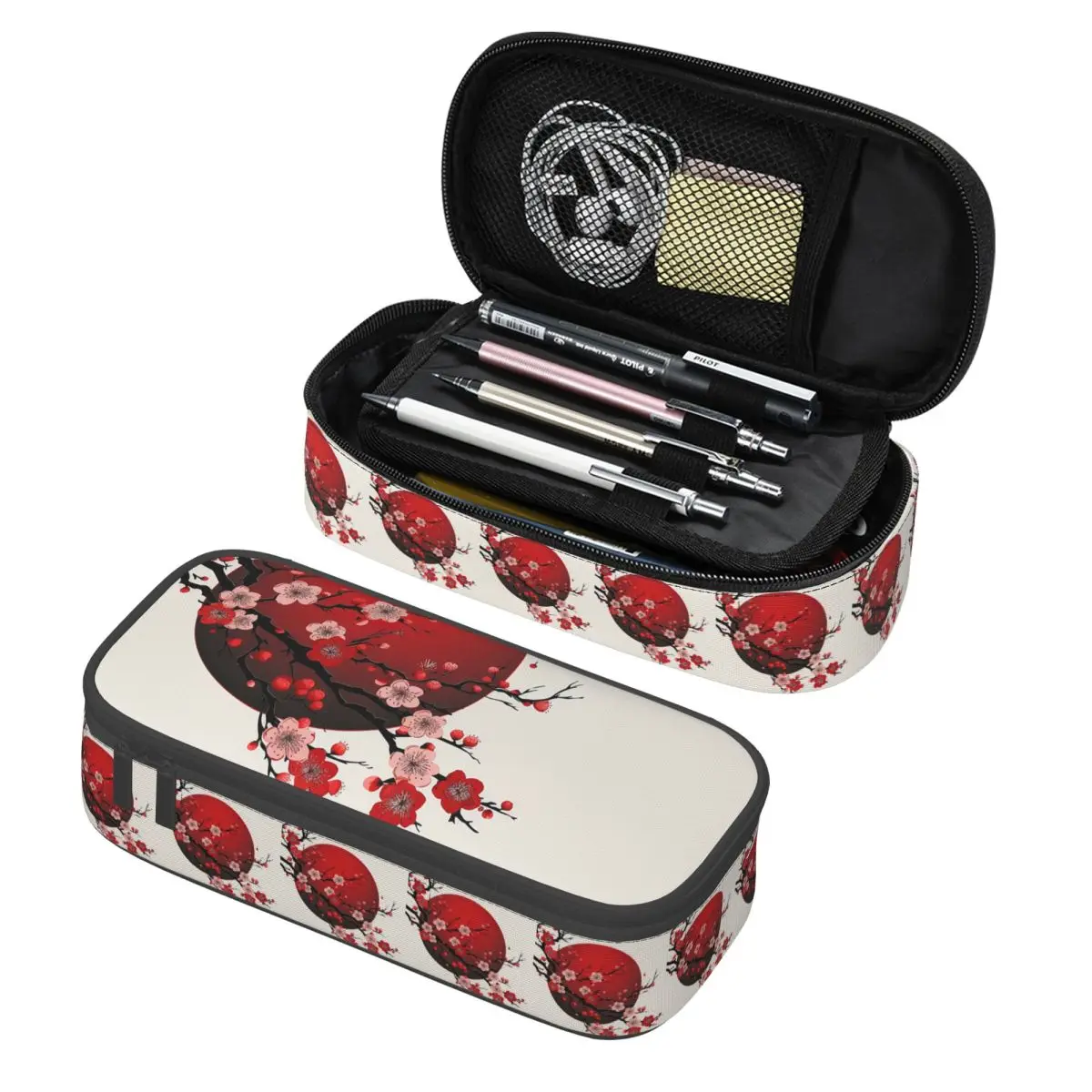 Cherry Blossoms A Red Circular Pencil Cases Pen Holder Storage Stationery Supplies Big Capacity Pen Box Pencil Bag for Kids
