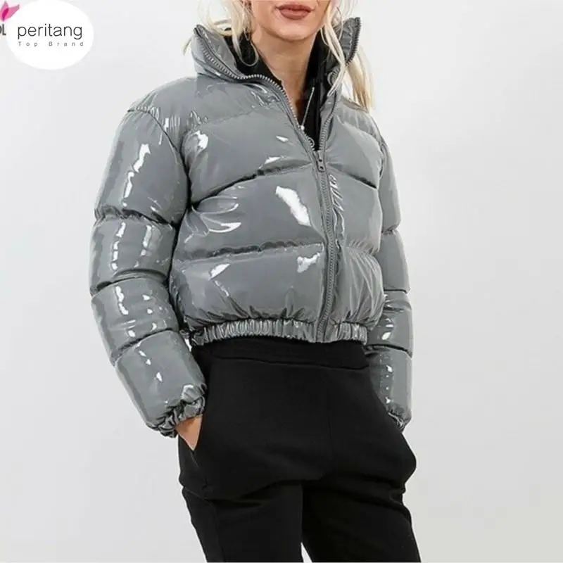 Autumn Winter Women Bright PU Puffer Jackets Warm Bubble Coat Down Parka Outcoat Zipper Jacket Pink Cute Cropped Parka XXL