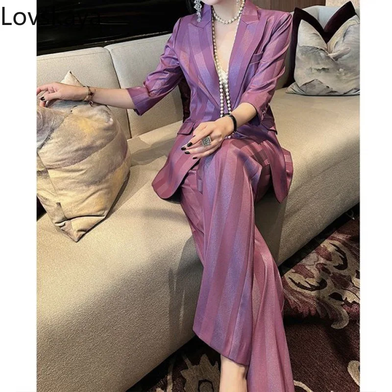 Purple striped suit jacket wide leg pants two-piece set for women professional formal attire summer new waistband