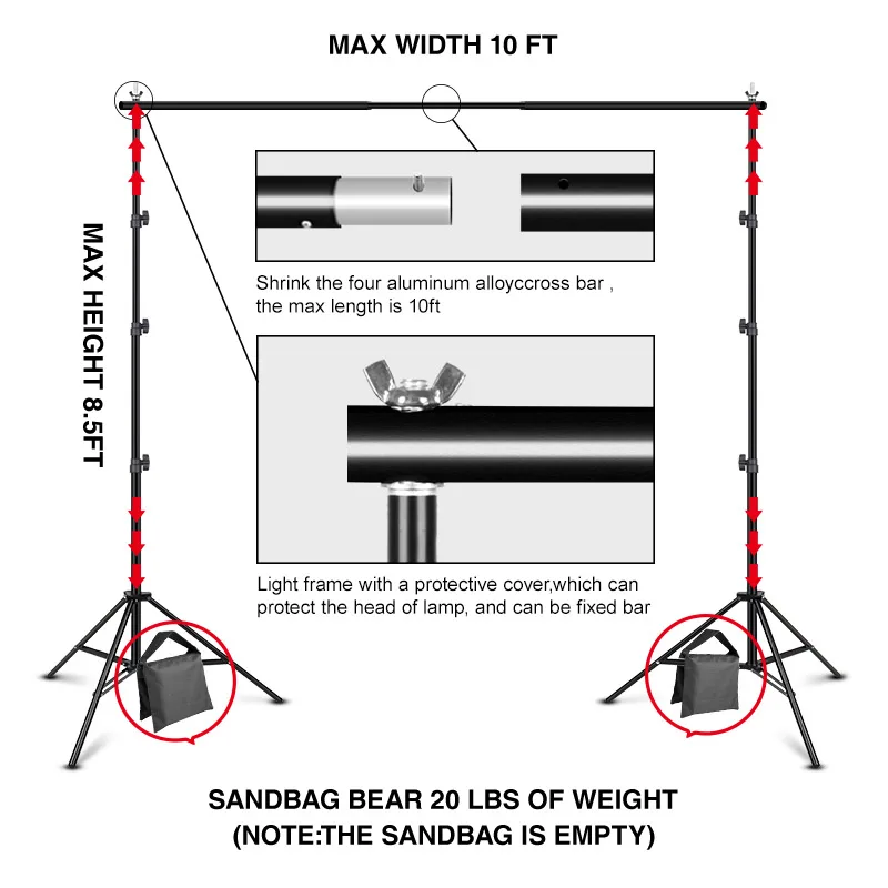 2.6/2.0*3M Background Stand Support Adjustable Crossbar Background Frame System for Portrait with 8 Background Clip Carrying Bag