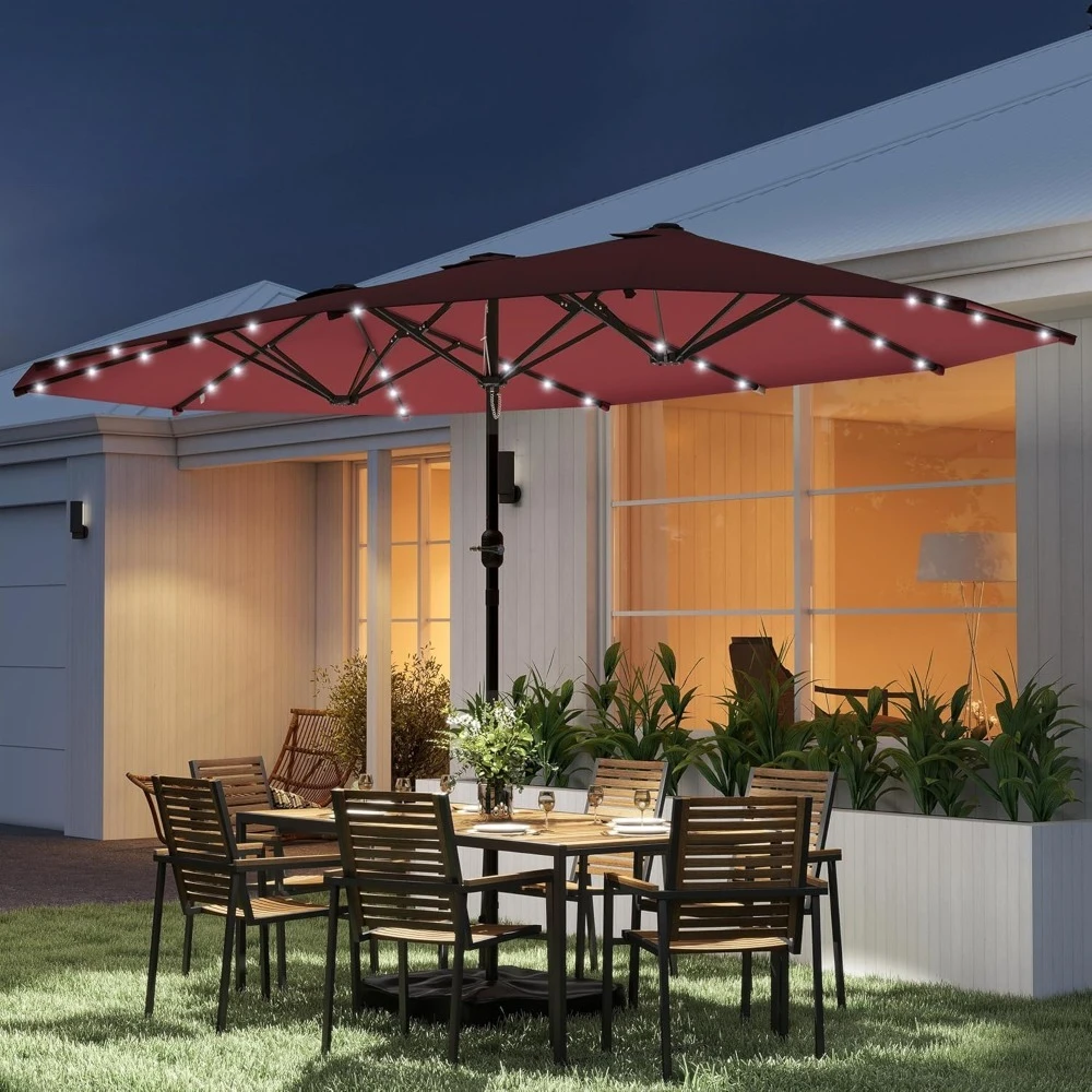 

14.4ft Large Patio Umbrella with 36 Solar LED Lights, Double Sided Outdoor Umbrella with Base Included, Customized
