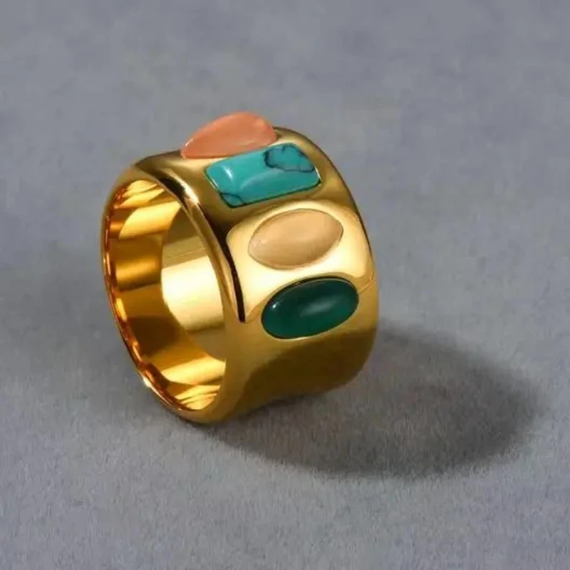 Europe America Colorful Gemstone Gold Plating Ring Woman Designer Simple Retro Jewelry Trend