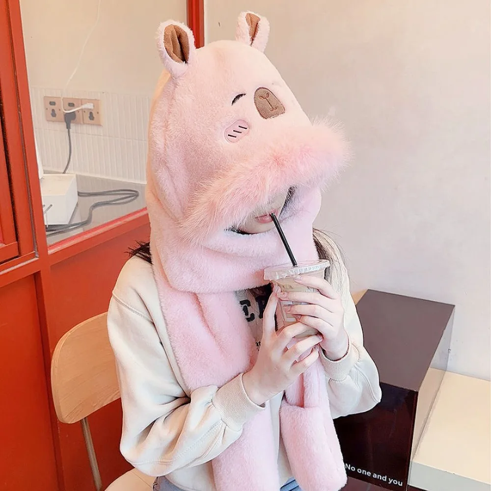 Faux Rabbit Hair Capybara Hat Scarf Gloves Set Cartoon Soft Plush Hooded Scarf Korean Style Windproof Big Pullover Hat Women