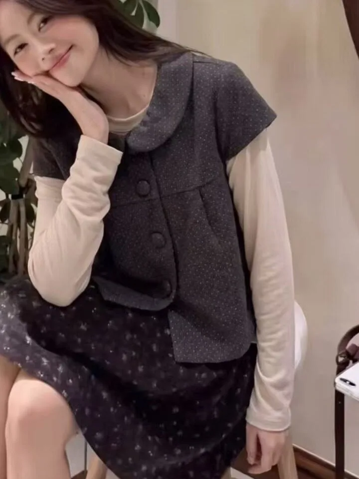 Fashionable Checkered Short Sleeveless Top And Vest Set for Women Autumn New Arrival Polka Dot Doll Collar Base Shirt