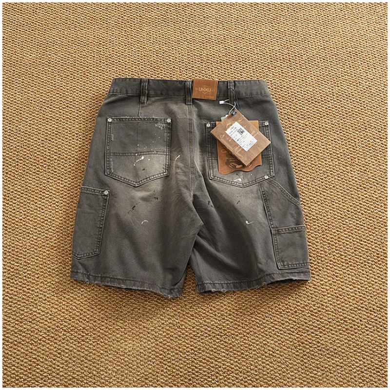 

Retro vintage denim shorts for men, high-quality, fashionable, nostalgic, heavyweight washed workwear, cropped pants