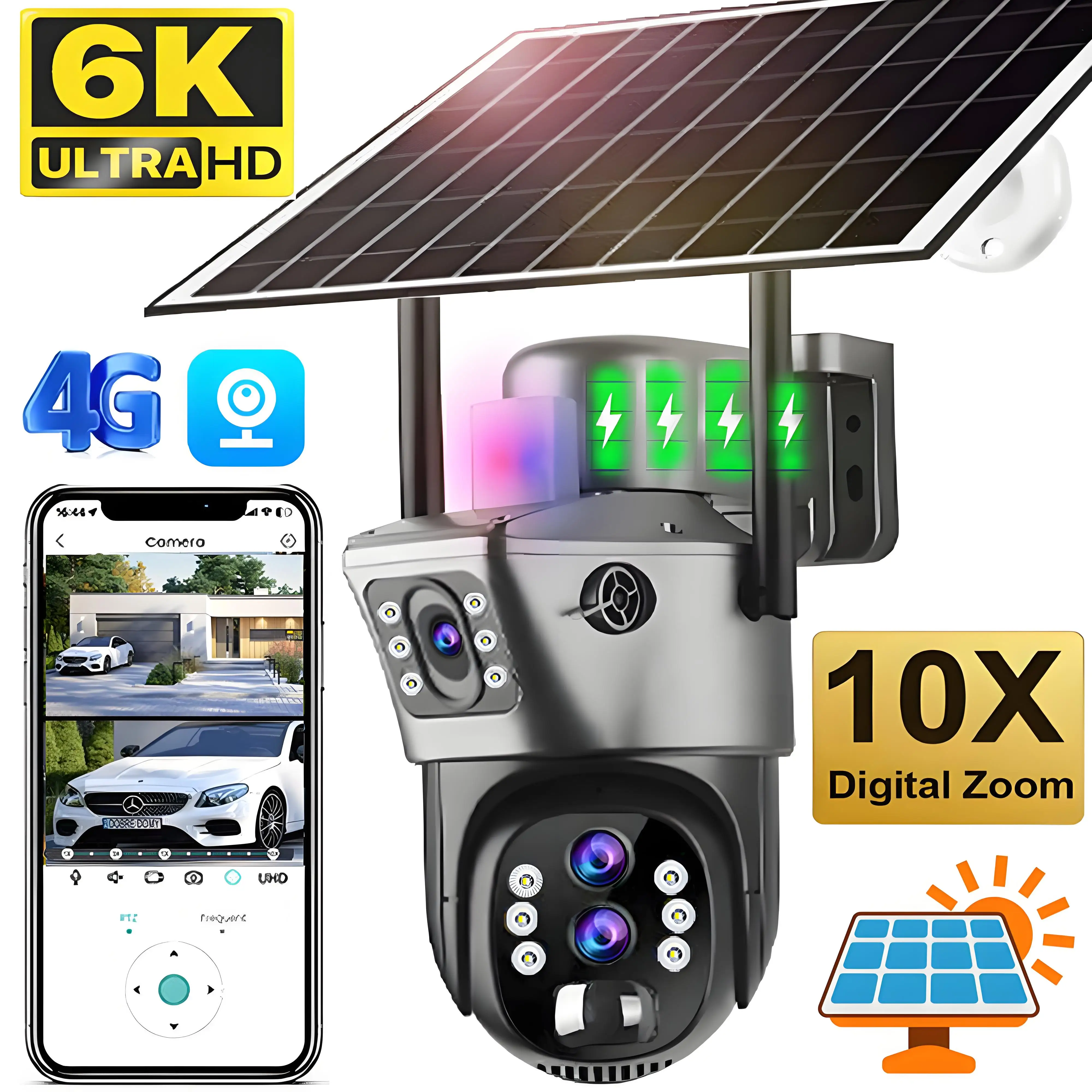 Cámara Solar inalámbrica para vigilancia al aire libre, dispositivo de seguridad con 3 lentes, Zoom Digital 10, Cctv, PTZ, IP66, 4G, tarjeta Sim, 6K