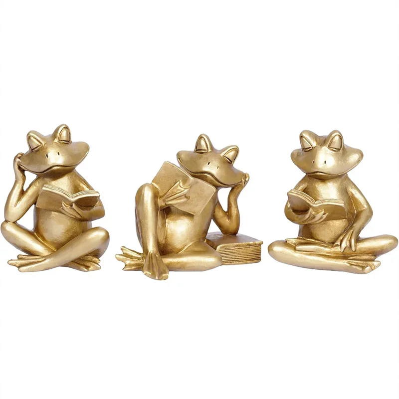 Frog Figurines Gold Frog Reading Book Sculpture Animal Statue Home Decor Office Shelves Desk Table Bookshelf Literary Ornaments
