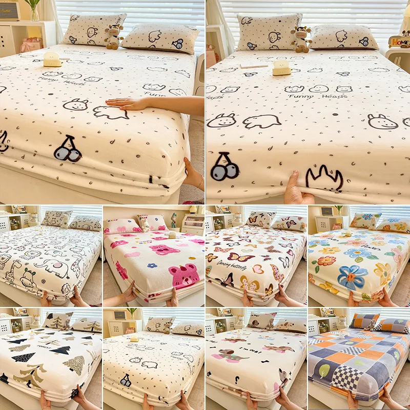 Winter Warm Fitted Sheet Stars Pinted Flannel Fleece Bed Sheet for Double Bed Queen/King Size All-inclusive Mattress Cover