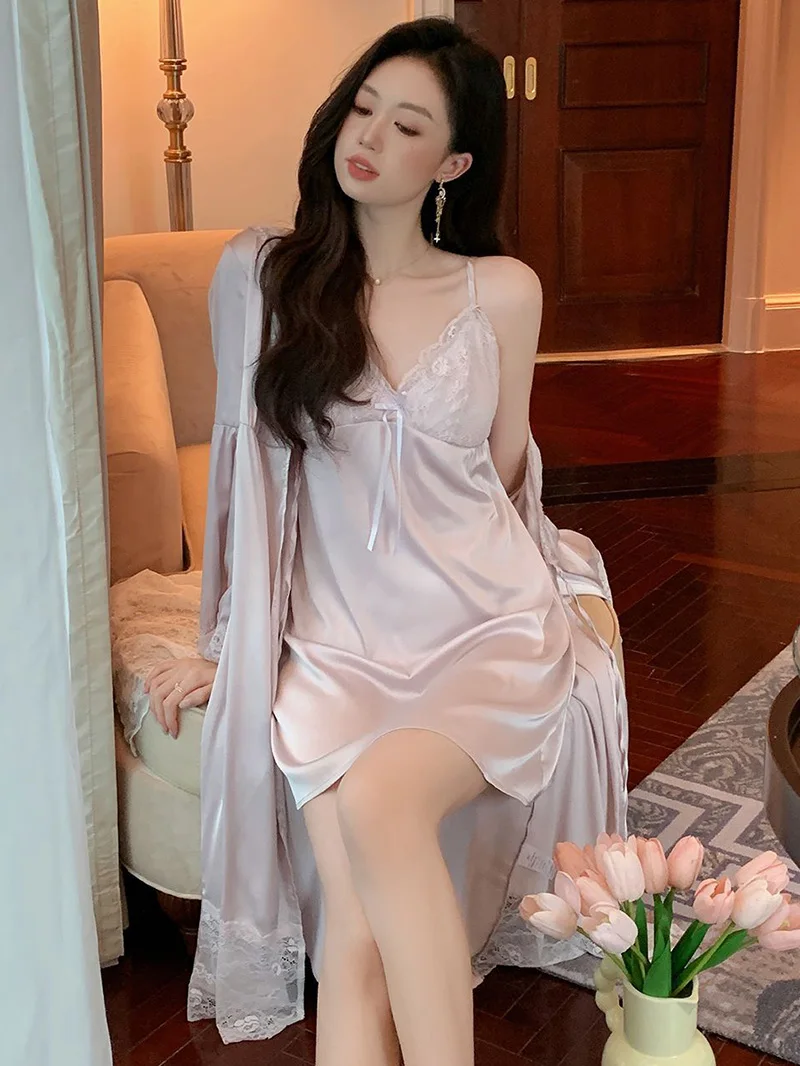 Women Sexy Spaghetti Strap Nightgowns Sleeping Dress Spring Autumn Elegant Silk French Fairy Morning Robe Home Two Piece Sets