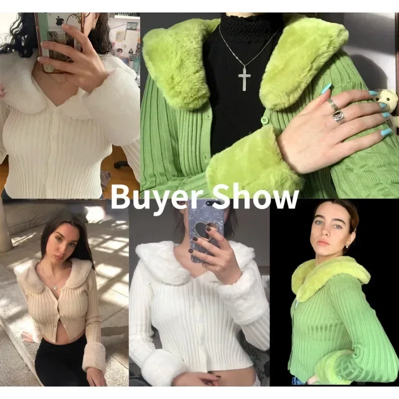 Autumn Winter Ribbed Knitted Cardigans Sweaters with Fur Trim Collar Long Sleeve Slim Jumpers Women Knitwear Lady Chic Sweaters