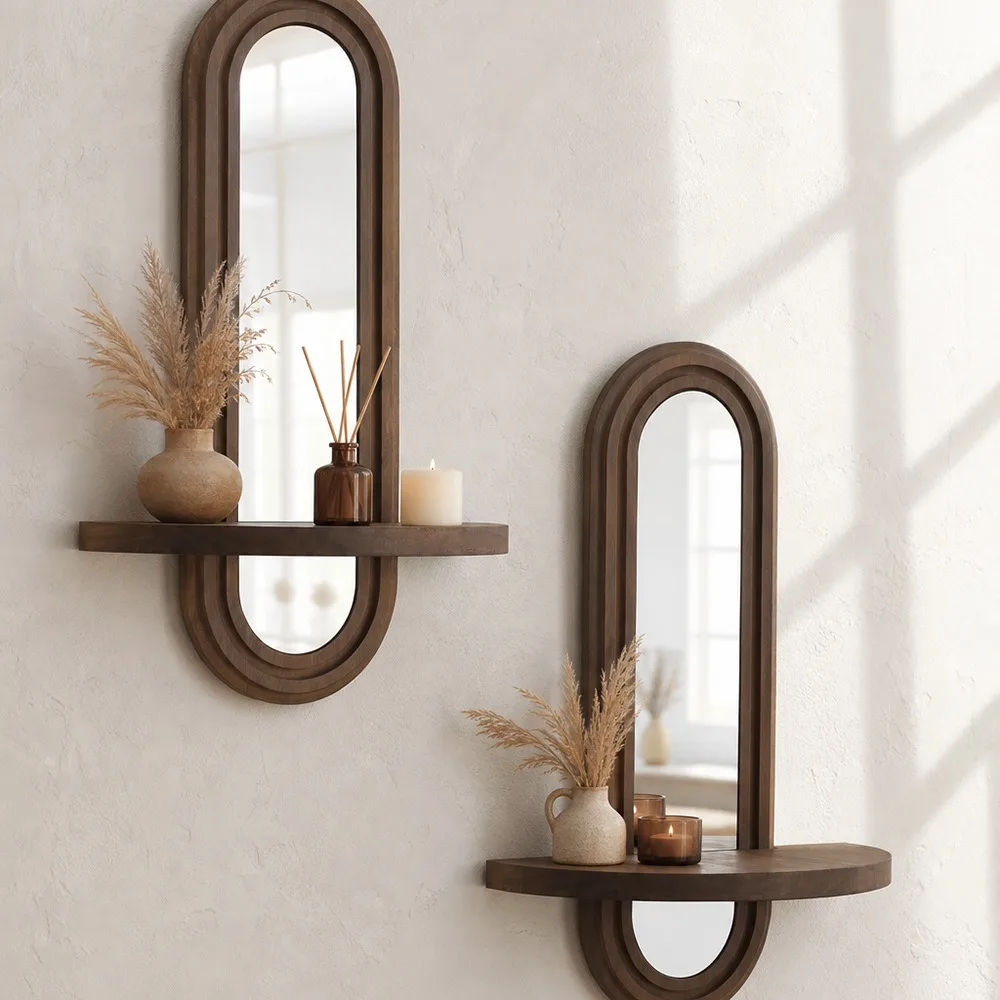 Multifunctional Boho Wall Mirror Arched Space-Saving Oval Makeup Mirror Decorative Geometric Design Plant Display Stand