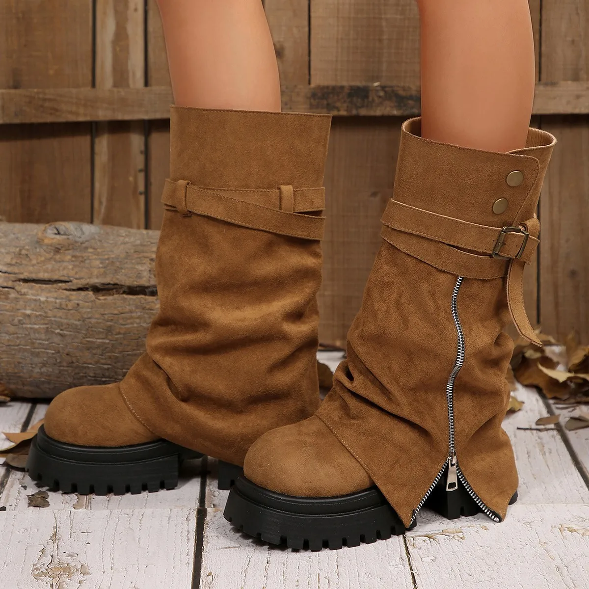 Botines de tacón grueso con punta redonda de estilo occidental para mujer, botas tubulares dobladas a media pantorrilla a la moda para invierno, diseño de hebilla de cinturón Retro