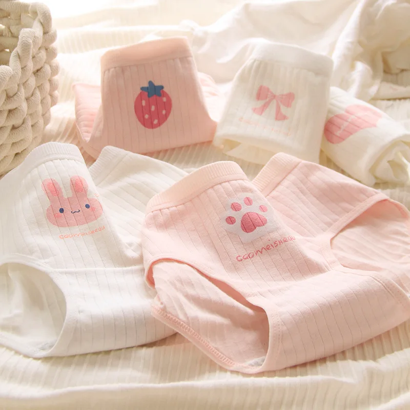 Sous-vêtements mignons imprimés roses pour filles, culottes en coton avec dessin animé de lapin fraise pour femmes, slips doux respirants sans couture pour étudiantes