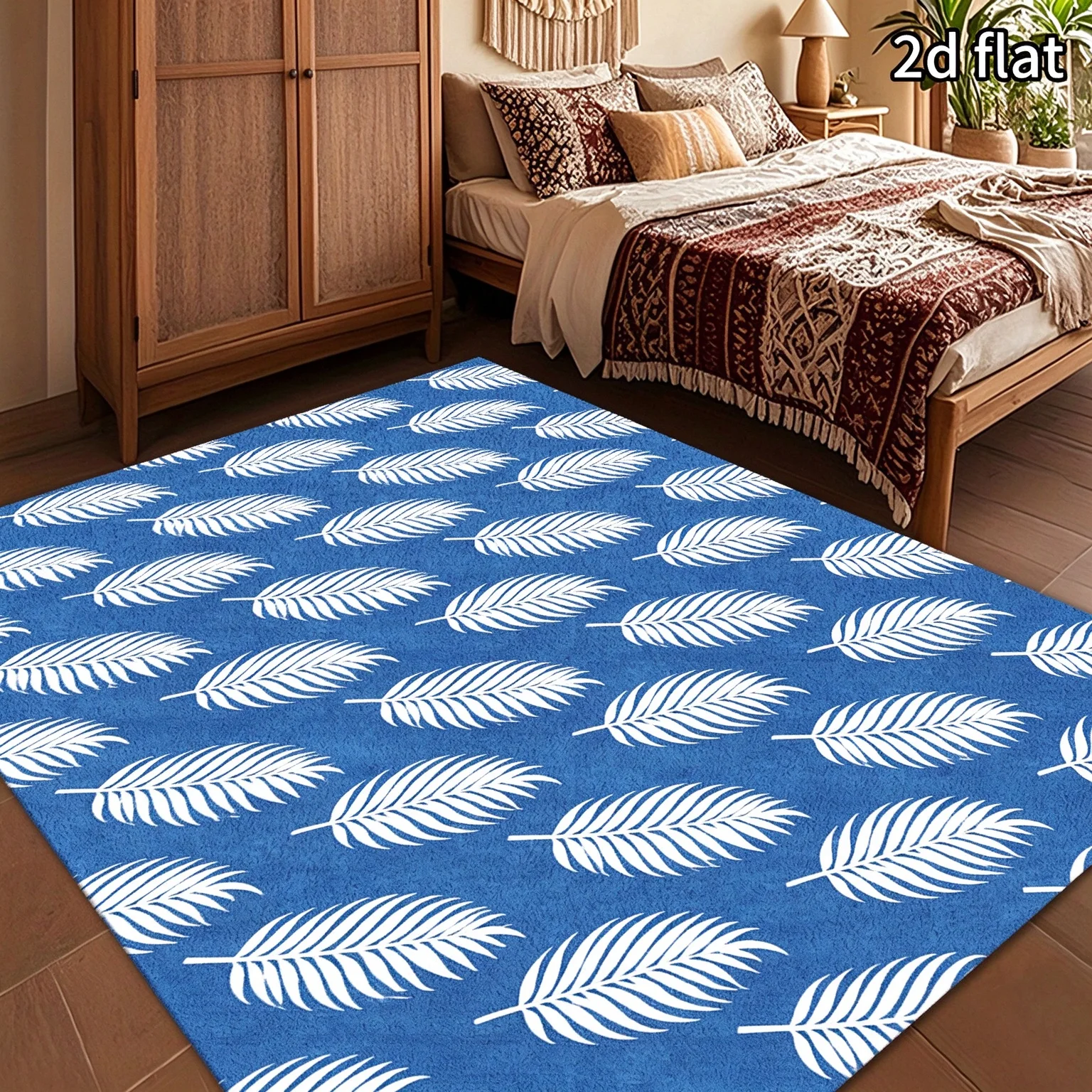 [2D Flat]1pc Modern Nordic Palm Leaf Rug Suitable for Living Room & Bedroom - Navy Blue White Palm Leaf with Suitable for Hallway, Entrance, Dining Room, Rectangular Covering