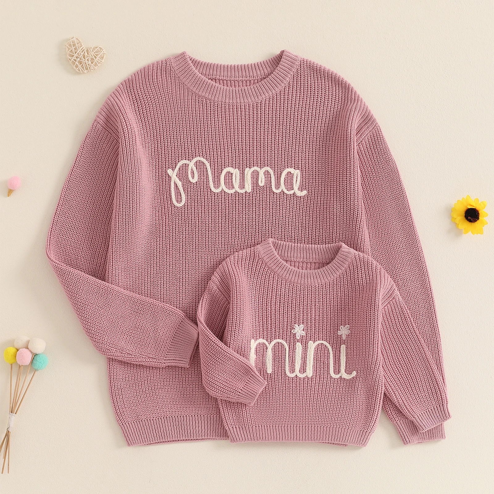 FOCUSNORM 5 Colors Mommy and Me Matching Baby Girls Sweaters 0-6Y Ribbed Long Sleeve Letter Embroidery Knit Tops Autumn Winter