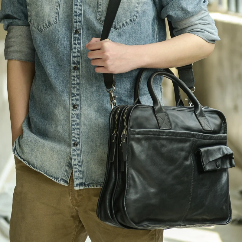 Étui à Bombes en Cuir pour Homme, Sacs à Main Décontractés en Coupe Croisée, Sac d'Ordinateur Haut de Gamme, Rétro, Souple, Noir, Portable, d'Affaires