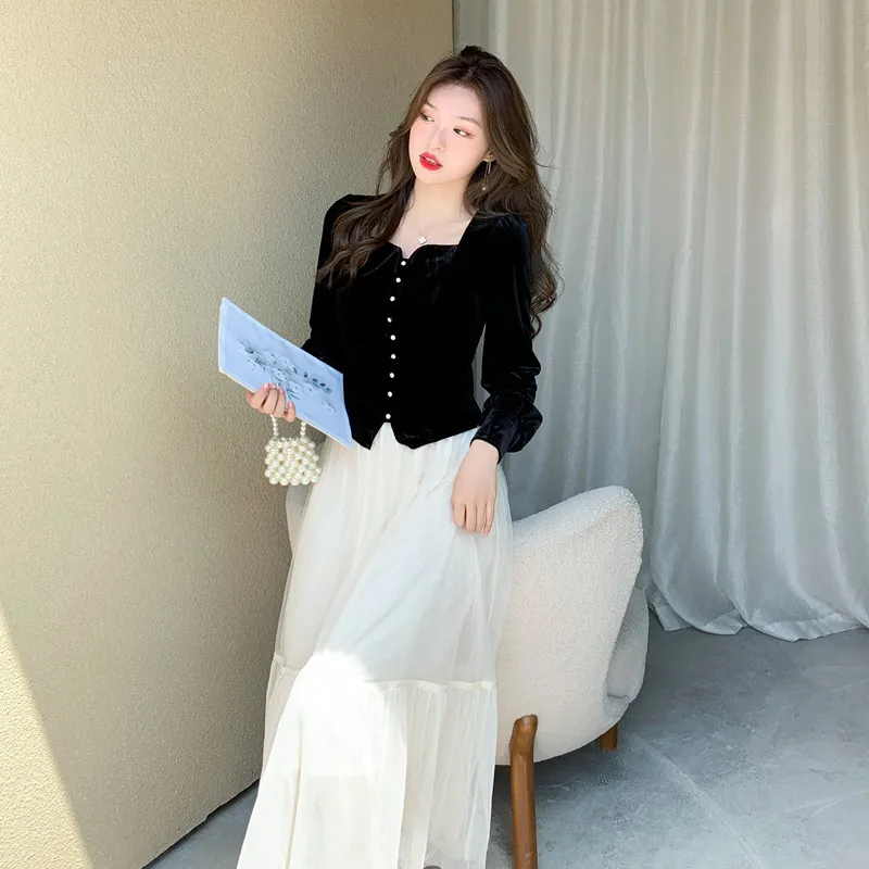 OCEANLOVE Black Velvet Blouses Women Tops Solid Autumn Winter Elegant Vintage Blusas Mujer Korean Fashion Short Shirts Clothing