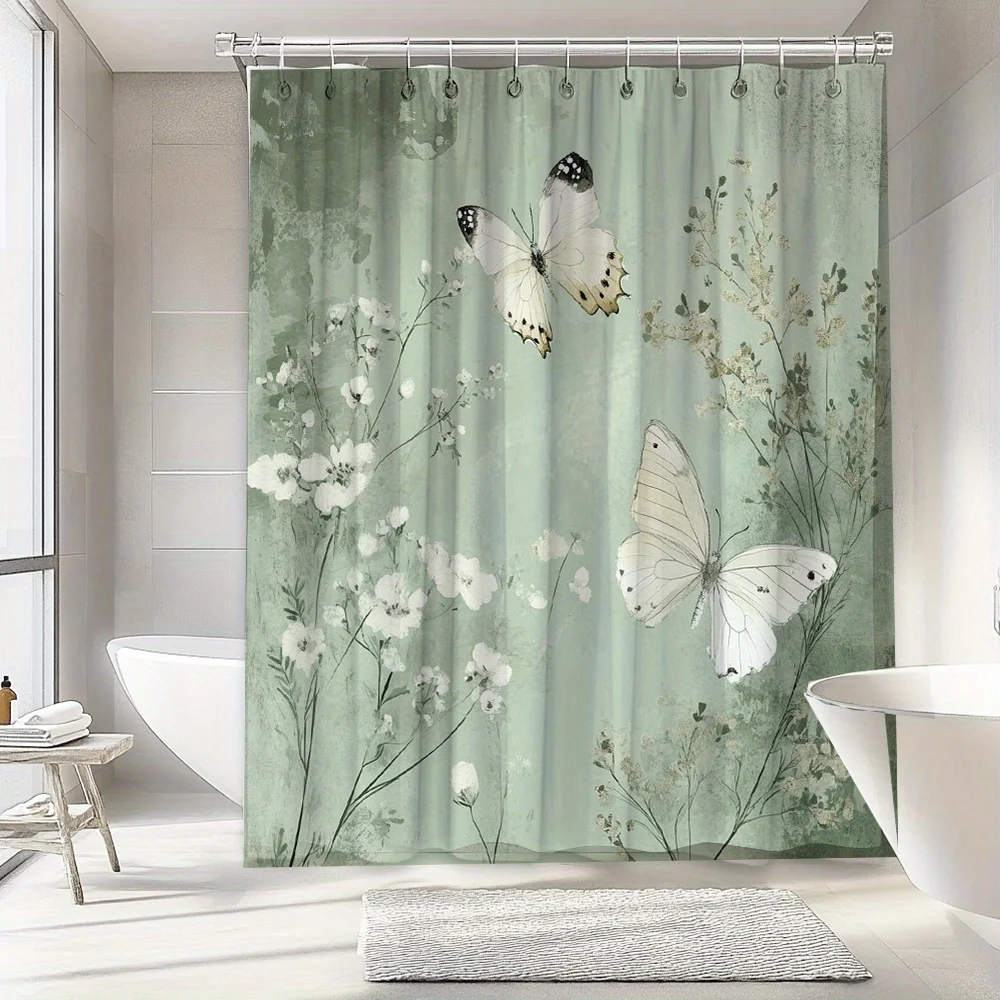 

1 шт., занавеска для душа из натуральной бабочки и растений со свежим зеленым узором, полиэфирная ткань, декор для ванной комнаты, в комплект входит 12 крючков