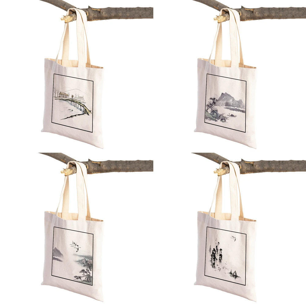 Ladies Supermarket Shopper Bag Chinese Ink Bamboo Shopping Bag Woman Shopper Folding Canvas Tote Travel Bags Designer Handbags