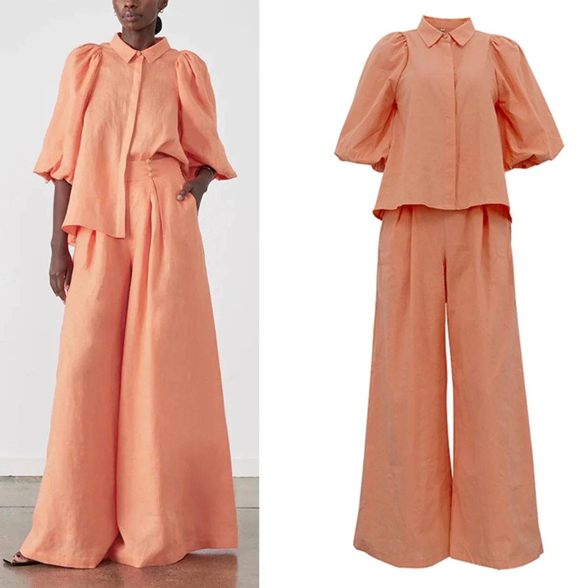 

Осенние повседневные оранжевые хлопковые комплекты из 2 предметов, женская одежда, рубашка с пышными рукавами и широкие брюки с высокой талией, женский комплект