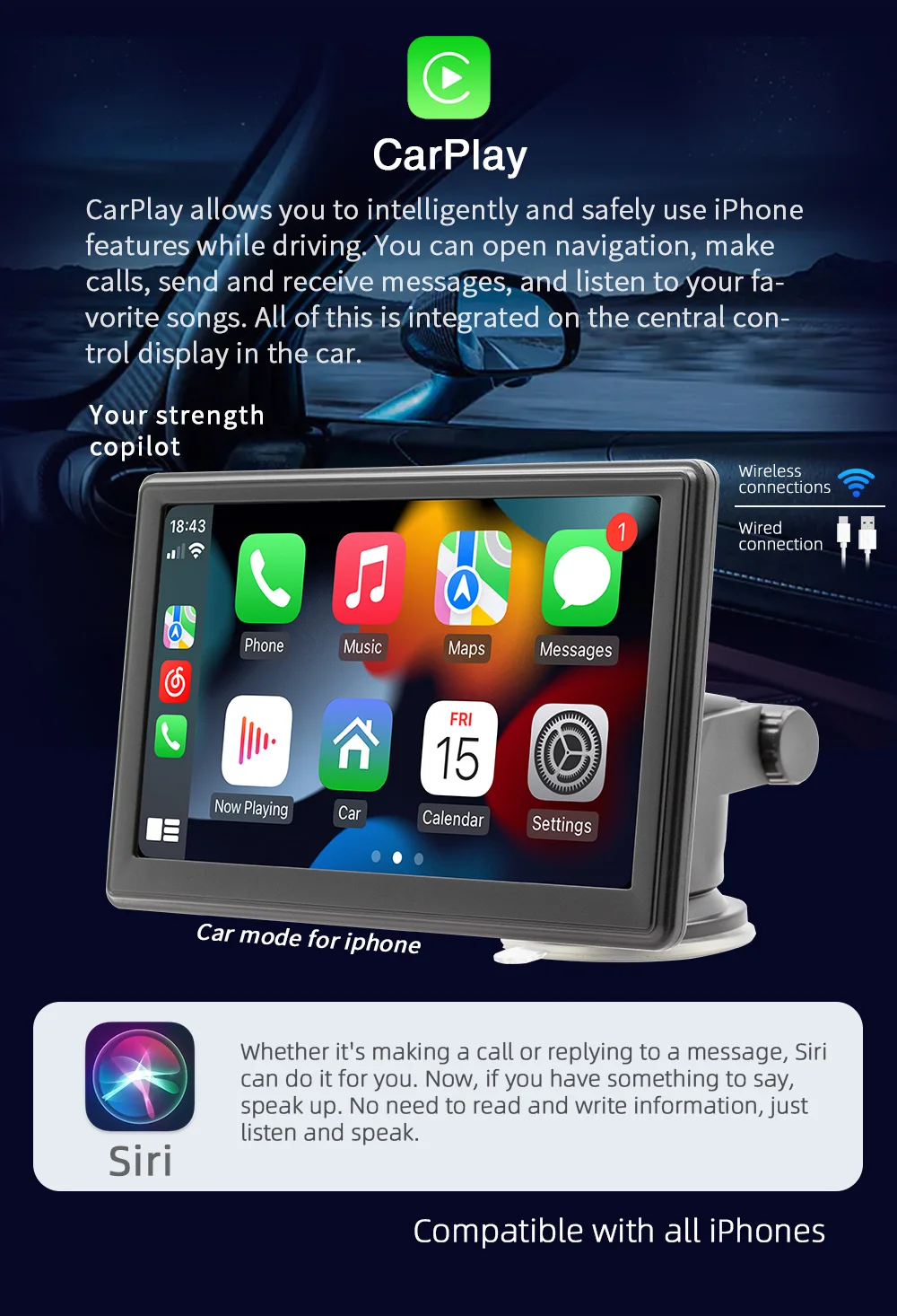 Bqcc 7 "hd ips tela portátil carro mp5 player mirrorlink sem fio carplay android auto bt fm estéreo do carro usb wifi rádio do veículo