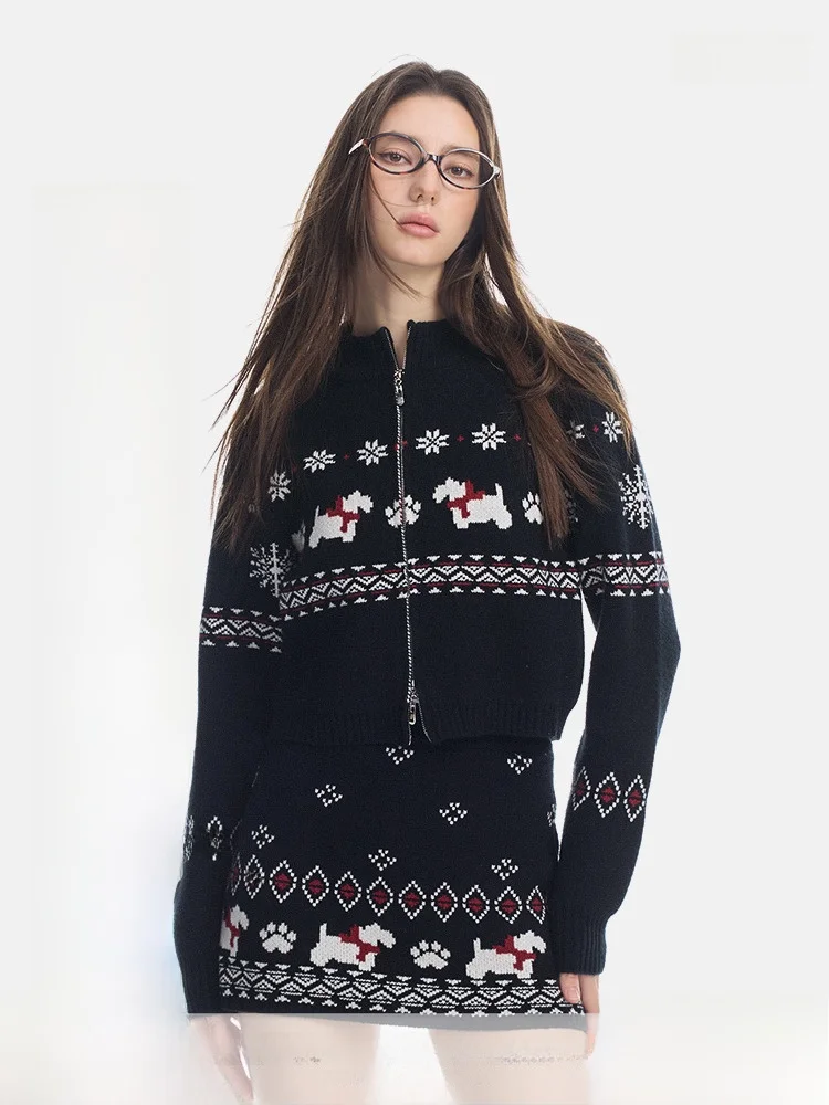 

SEGI Original Design Bla Fair Isle Dog Zipper Sweater Women's High-End Knitted Top Coat Commute Sle Slim Fit Long Sve