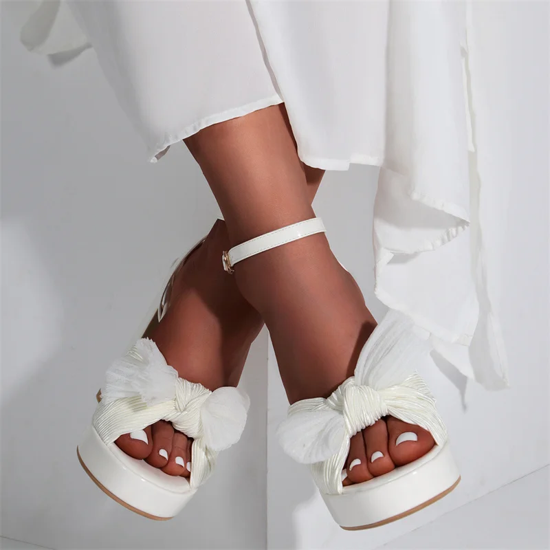 IPPEUM Women Platform Sandals White New High Heeled Bowknot Ankle Buckle Strap Chunky Square Heel Wedding Shoes