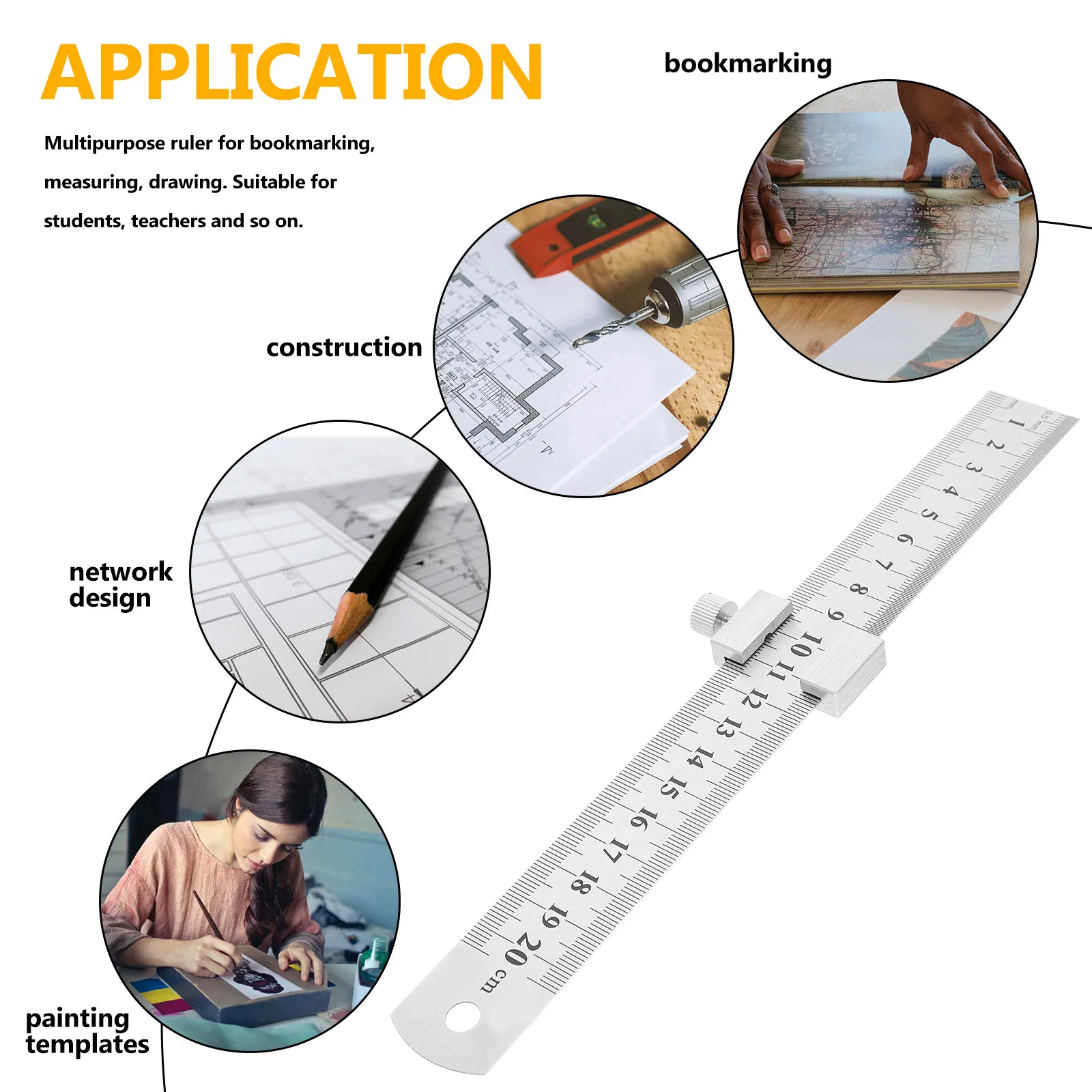 1Set Thickened Steel Ruler Stainless Metal Ruler Positioning Block Sliding Marking Tool for Architects Engineers Carpenters