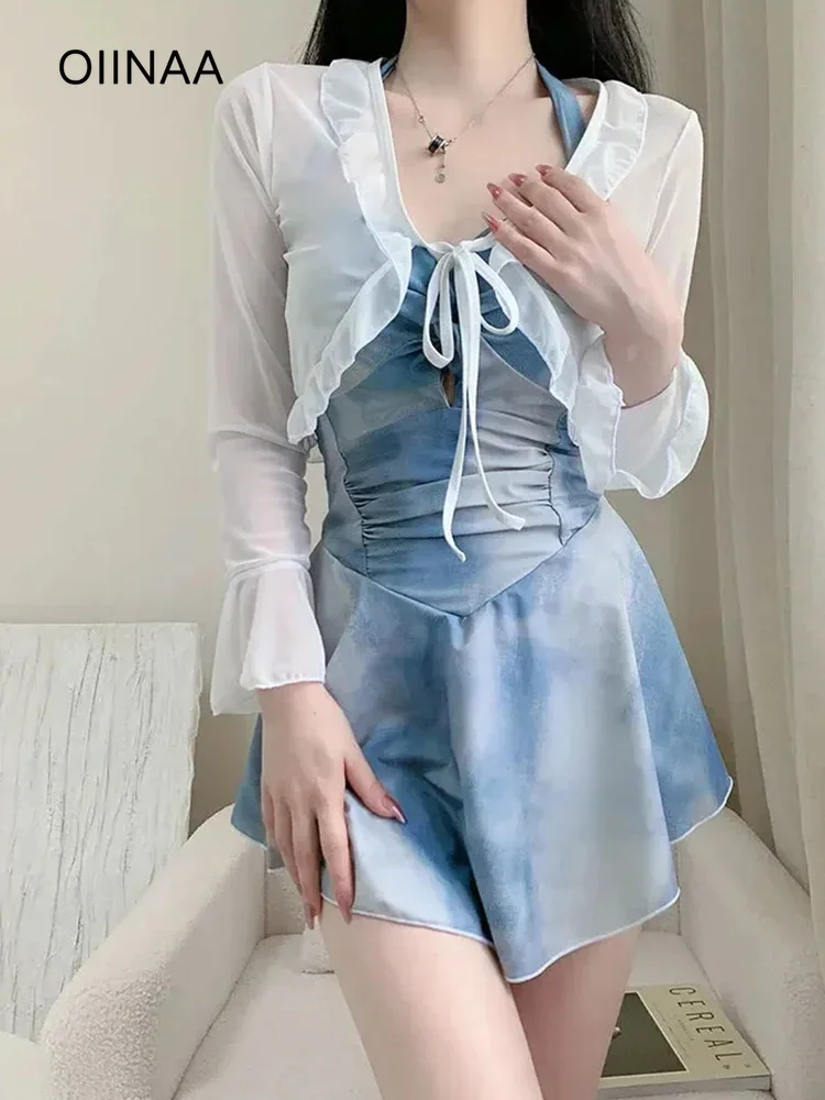 

OIINAA Sexy Swimsuit Women Blue Tie Dye Beach Dress Backless Cross Lace Up Swimwear Summer 2025 Fashion Cover-Ups Bathing Suit