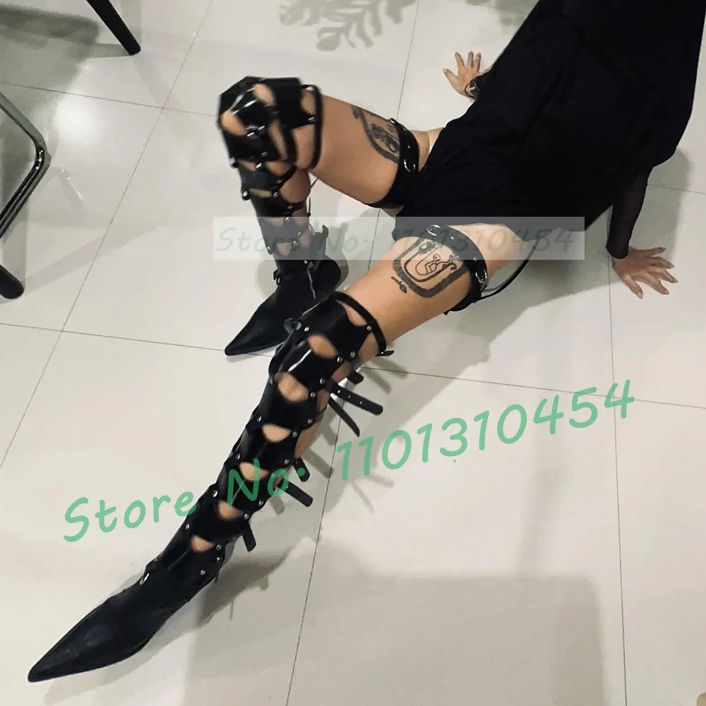 Multi Belt Buckles Block Heel Sandals Women Sexy Puttee Black Pointed Toe Thigh High Shoes Ladies Role Play Punk Dress Sandals