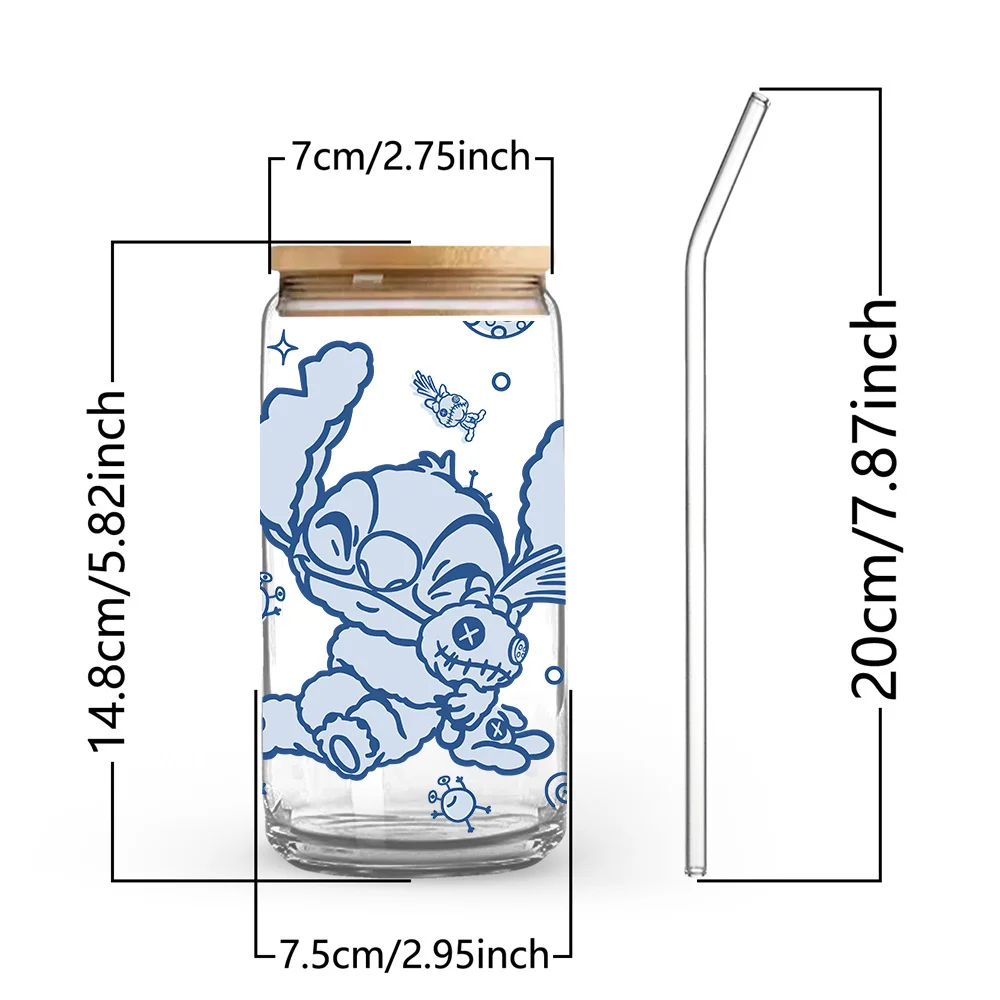 1pc 16oz Stitch Glass Tumbler with Bamboo Lid & Straw, Cute Cartoon Borosilicate Glass Cup for Iced Coffee Juice Home Office view 2