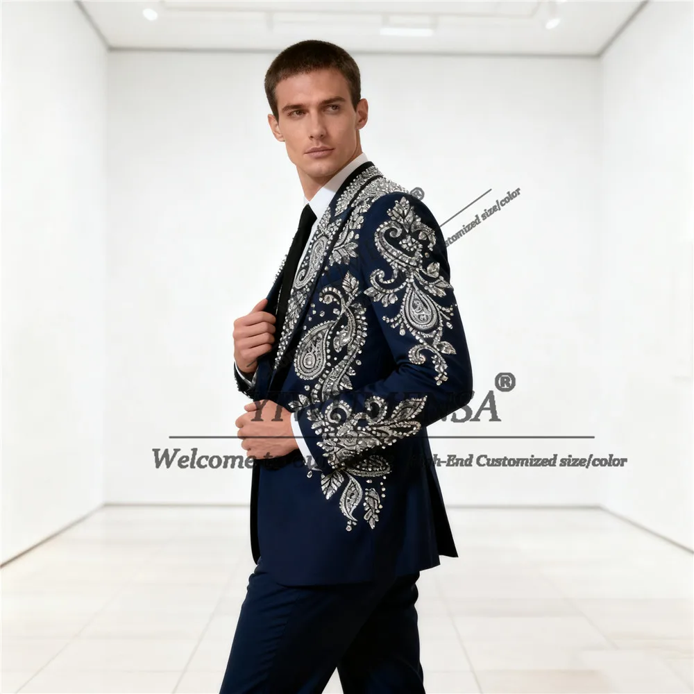 

Glitter Beaded Stones Suit Men For Wedding 2 Piece Set Man Banquet Prom Blazer Tuxedos Customized Single Breasted Groom Attire