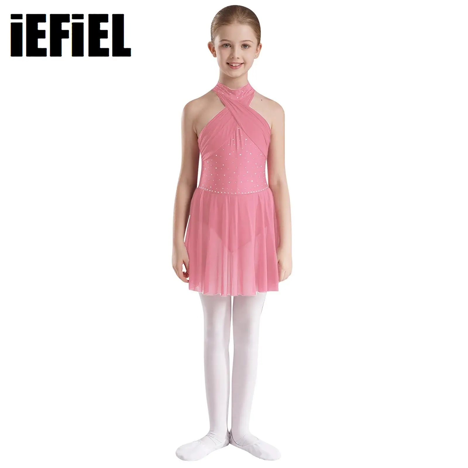 

Kids Girls Cross Mesh Dance Dress Shiny Rhinestones Patchwork Mock Neck Backless Sleeveless Leotard Stage Performance Dress