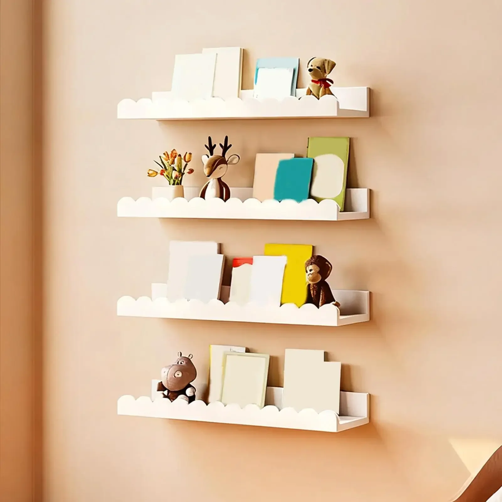 yesFloating Book Shelves 2 Pieces Wall Scalloped Storage Organizer Decor Wooden Floating Bookshelf for Kid Bedroom Bathroom Plan