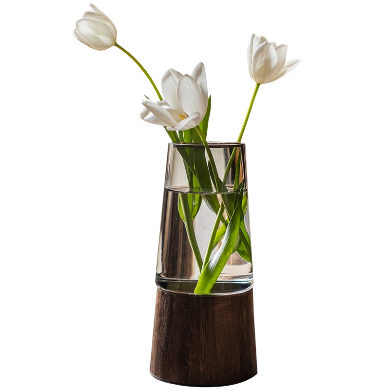 

Light luxury glass vase solid wood bottom water nourishing rich bamboo horse drunk wood flower arrangement dried flower device