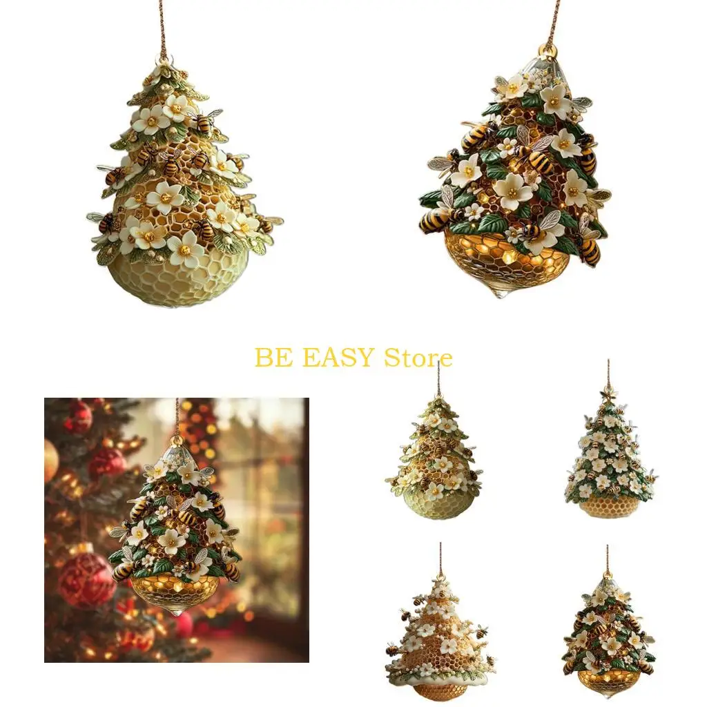 E28F Honeycomb Christmas Tree Shape 2D Flat Acrylic Hanging Decoration Ornament Bees Theme Holiday Festives Home Decors Gift
