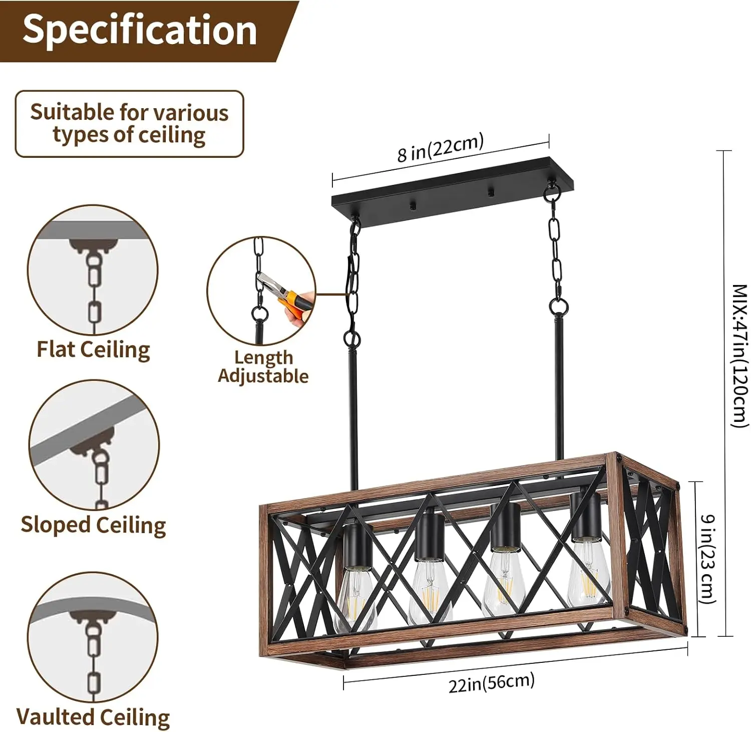 Seeblen-accesorios de iluminación de granja, 4 luces para comedor sobre la mesa con acabado de grano de madera, 39 pulgadas de altura