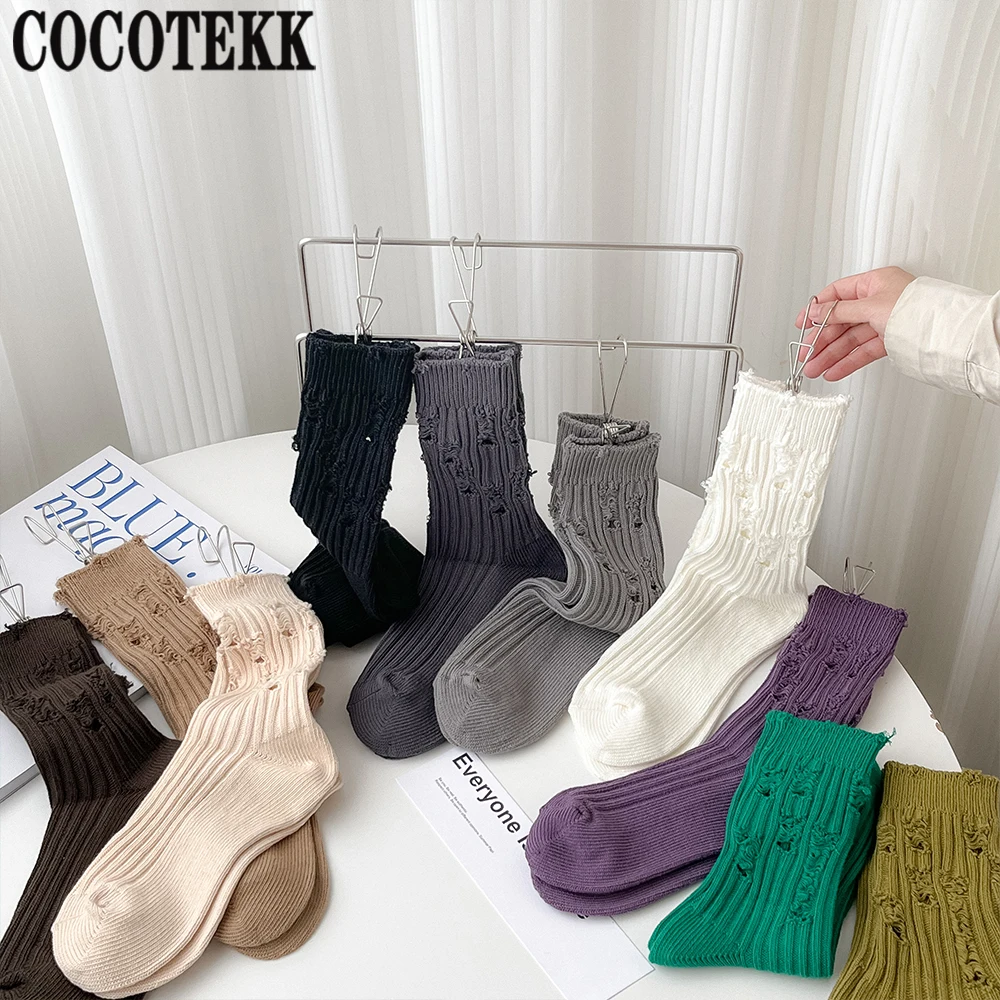 2024New Women Ripped Socks Fashion Harajuku Trendy Street Broken Destroyed Socks Street Distressed Knit Footwear Beggar Socks