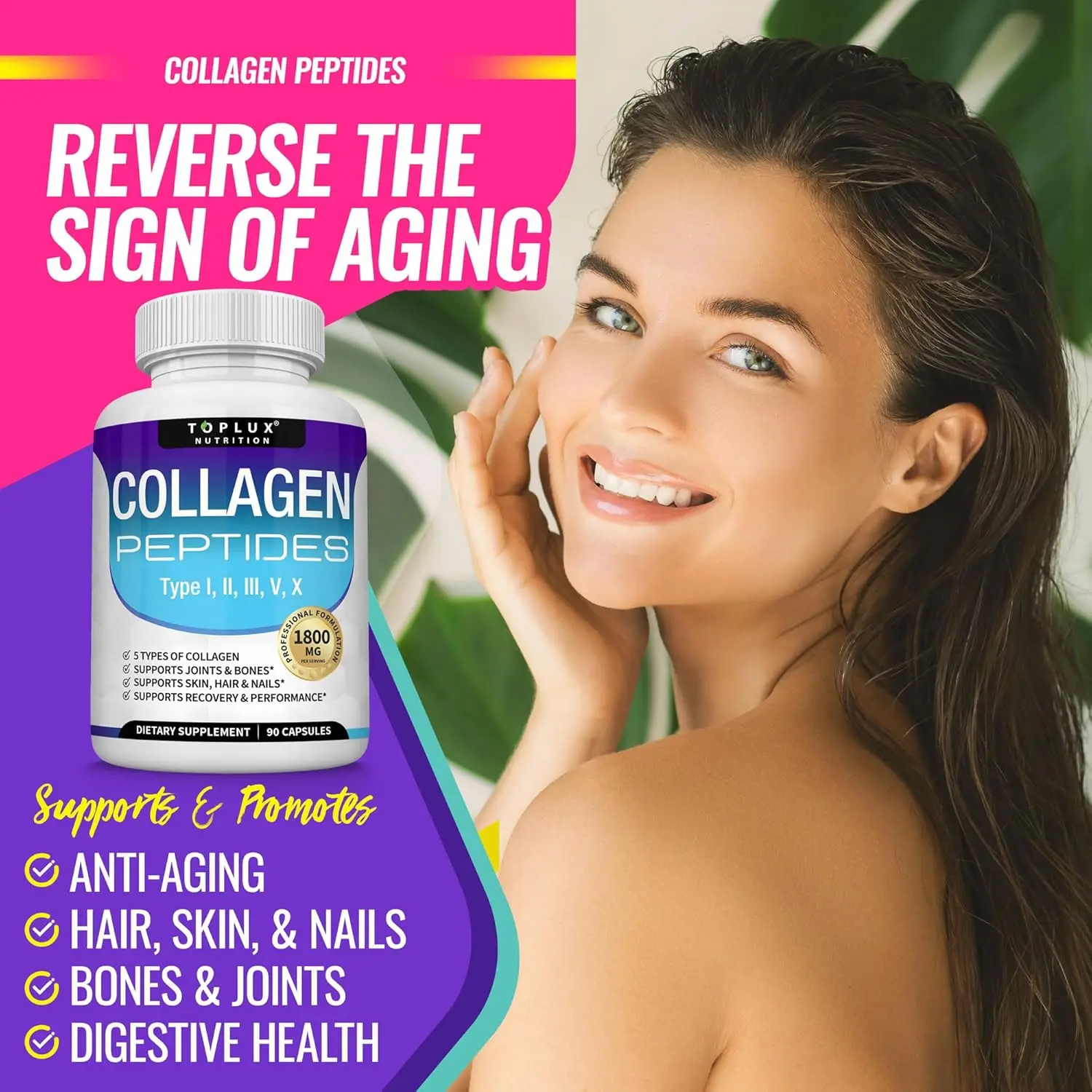 

Collagen Peptides Pills 1800 Mg Complex - Type I, II, III, V, X Premium Collagen, for Men Women, 90 Capsules, Supplement