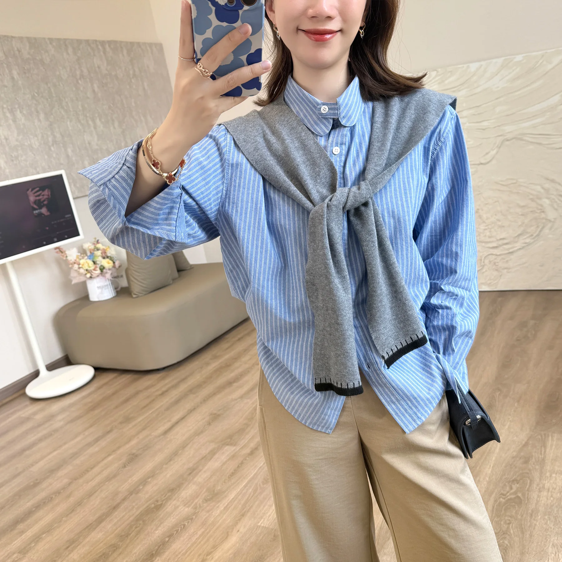 

Casual Cotton Linen Blue Stripe Long Sleeve Shirt � � Style Liangxiaoliang Women's Open Cardigan Breathable Summer Fashion