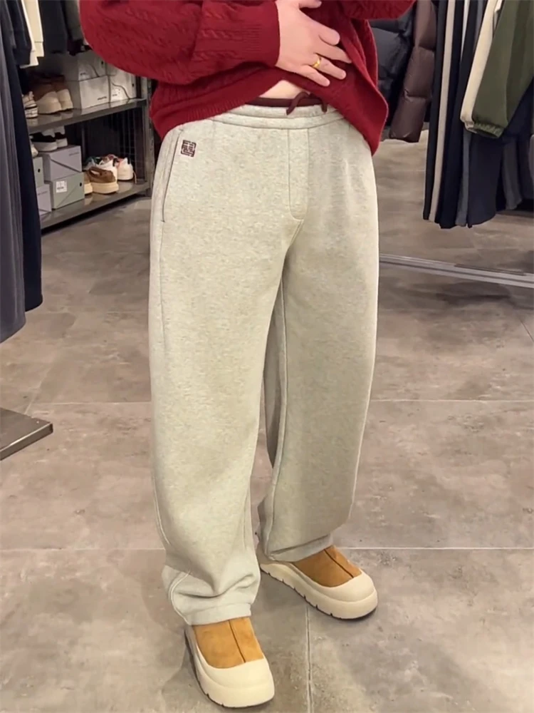 

Fce Lined Embroidered Straight Leg Casual Pants Men Winter Versatile Color Blo Warm Wide Leg Knife Pants Trendy